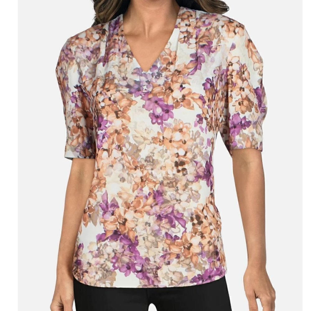 Premise Women's Size XS Floral V-Neck Blouse Newberry Springs Purple Orange Pull